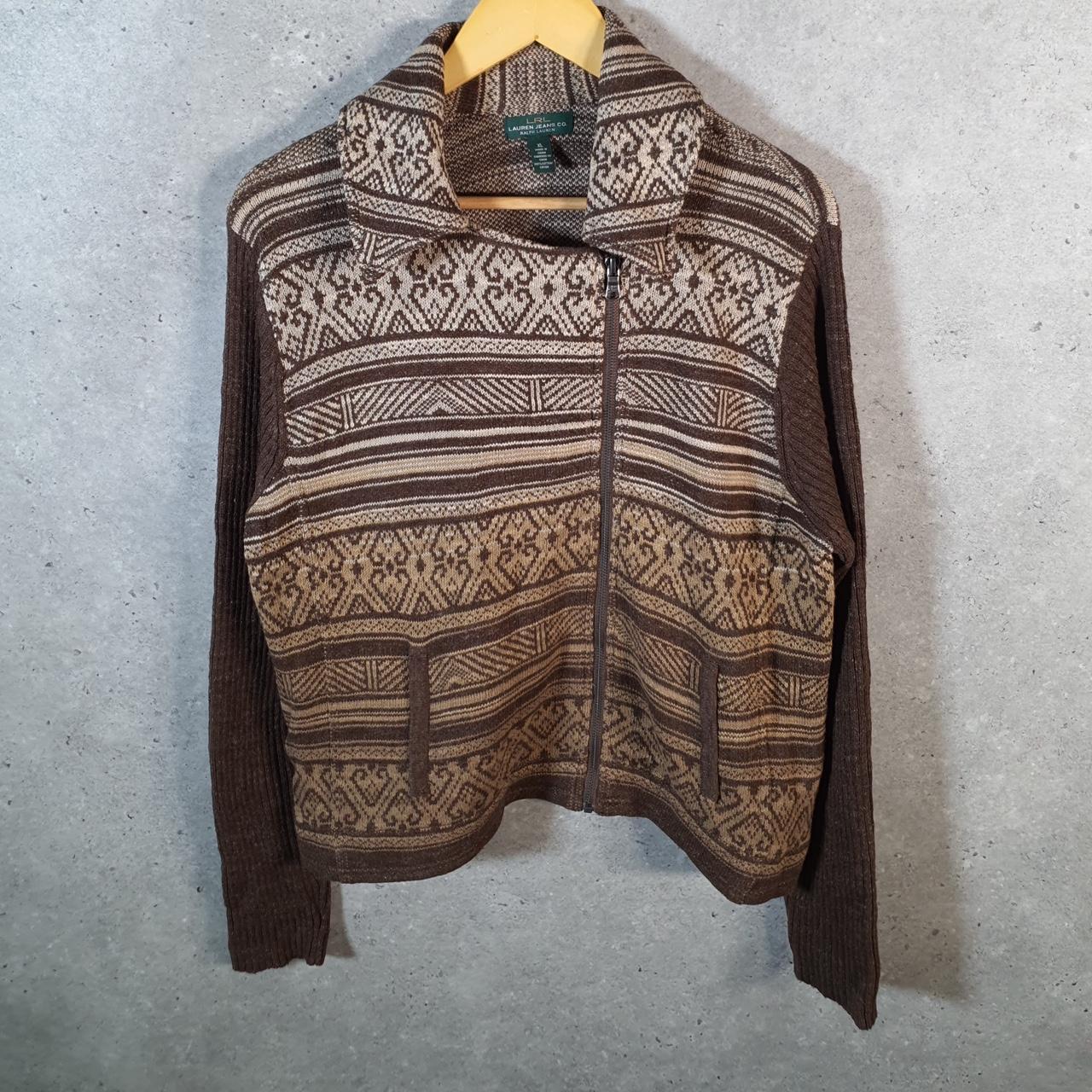 Vintage Ralph Lauren Polo Knit Sweater Womens XL Brown Cotton Full Zip