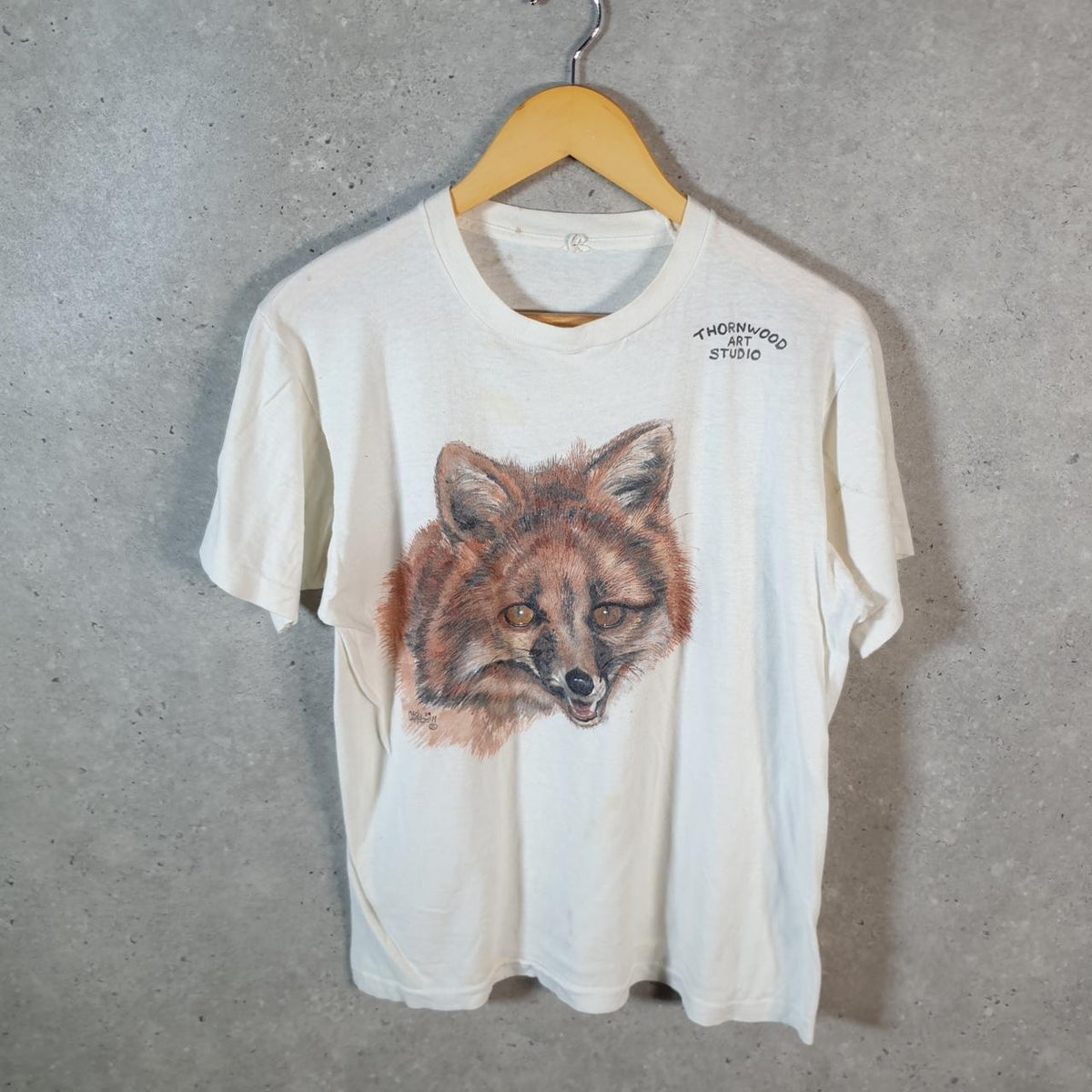 Vintage Fruit of the Loom Thornwood Art Studio Fox 90s Single Stitch T Shirt Men’s XS White C9414