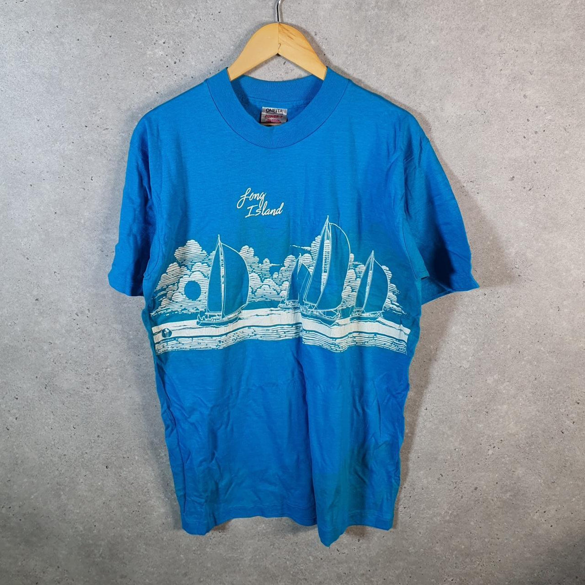 Vintage Power T Oneita USA Long Island Graphic Single Stitch T Shirt Men’s XL Blue Big Fish Vintage