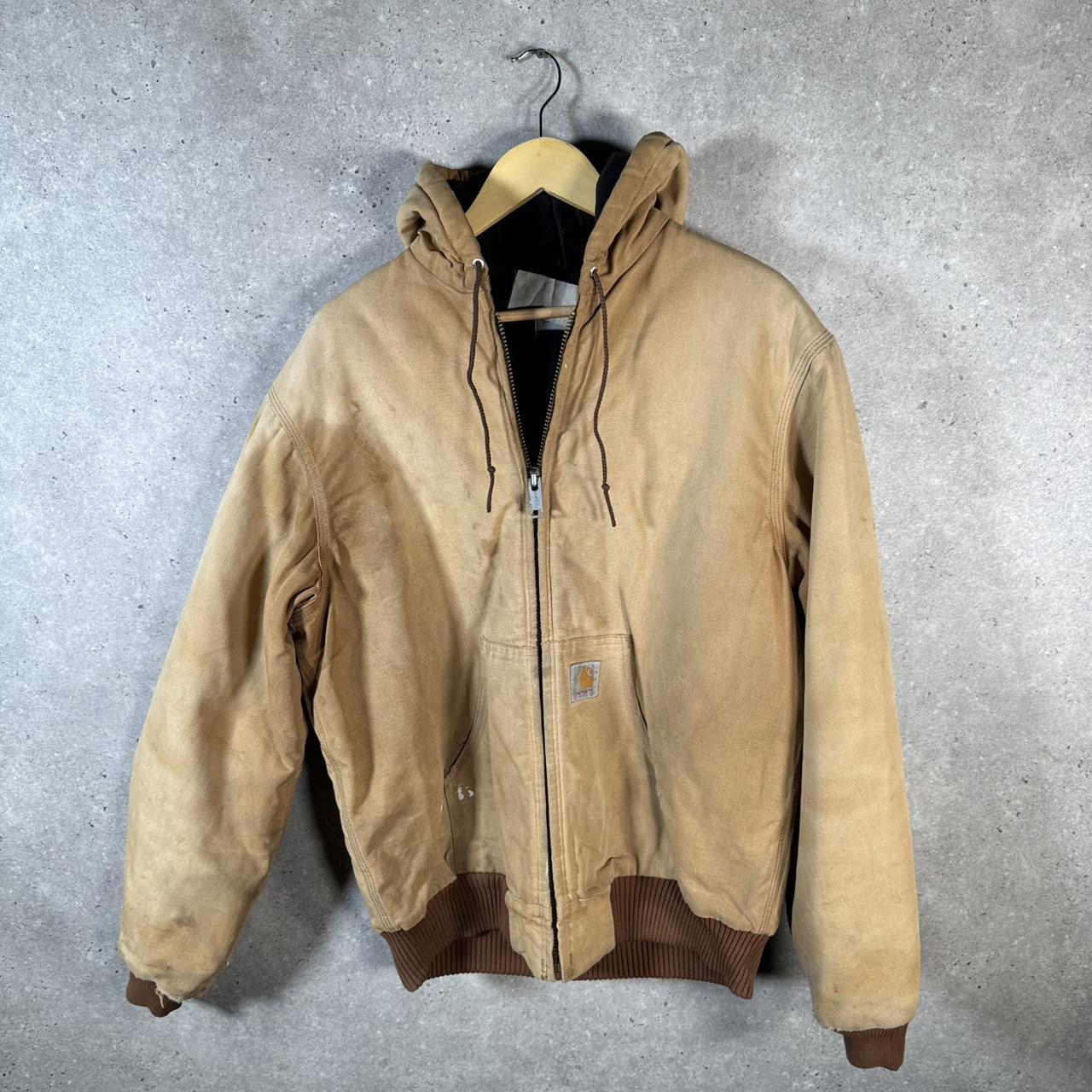 Vintage Carhartt Active Hooded Jacket Men’s L Tan Brown Thrashed Workwear Canvas USA