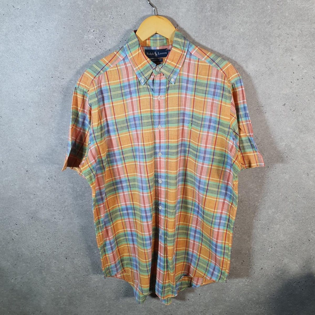 Vintage Ralph Lauren Button Down Shirt Men’s Medium Orange Checkered Classic Fit Cotton Pony