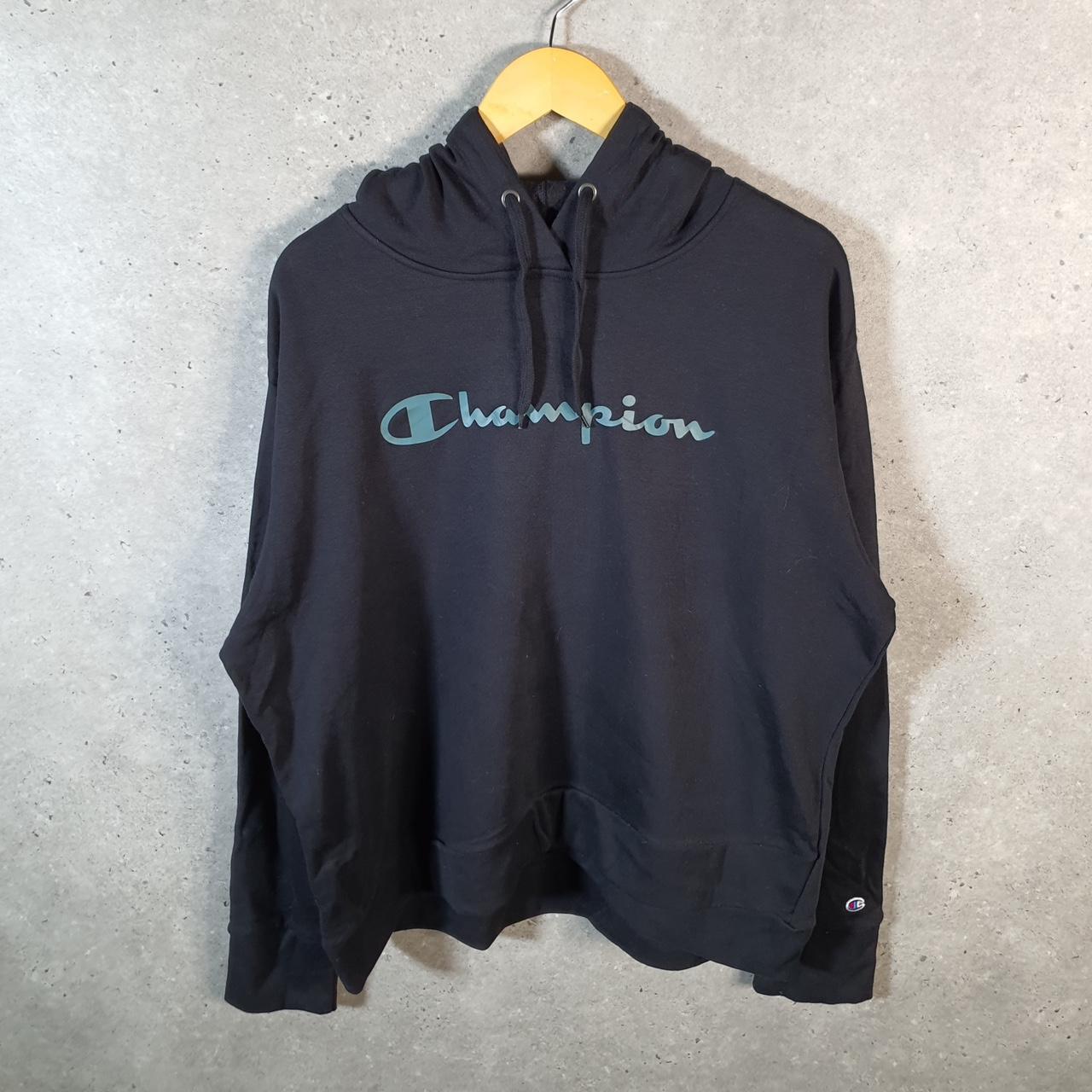 Vintage Champion Hoodie Womens XL Black USA Pullover Spellout Logo