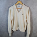 Vintage Lacoste Sweatshirt Men’s Large Beige Pullover Logo Y2K Jumper Logo