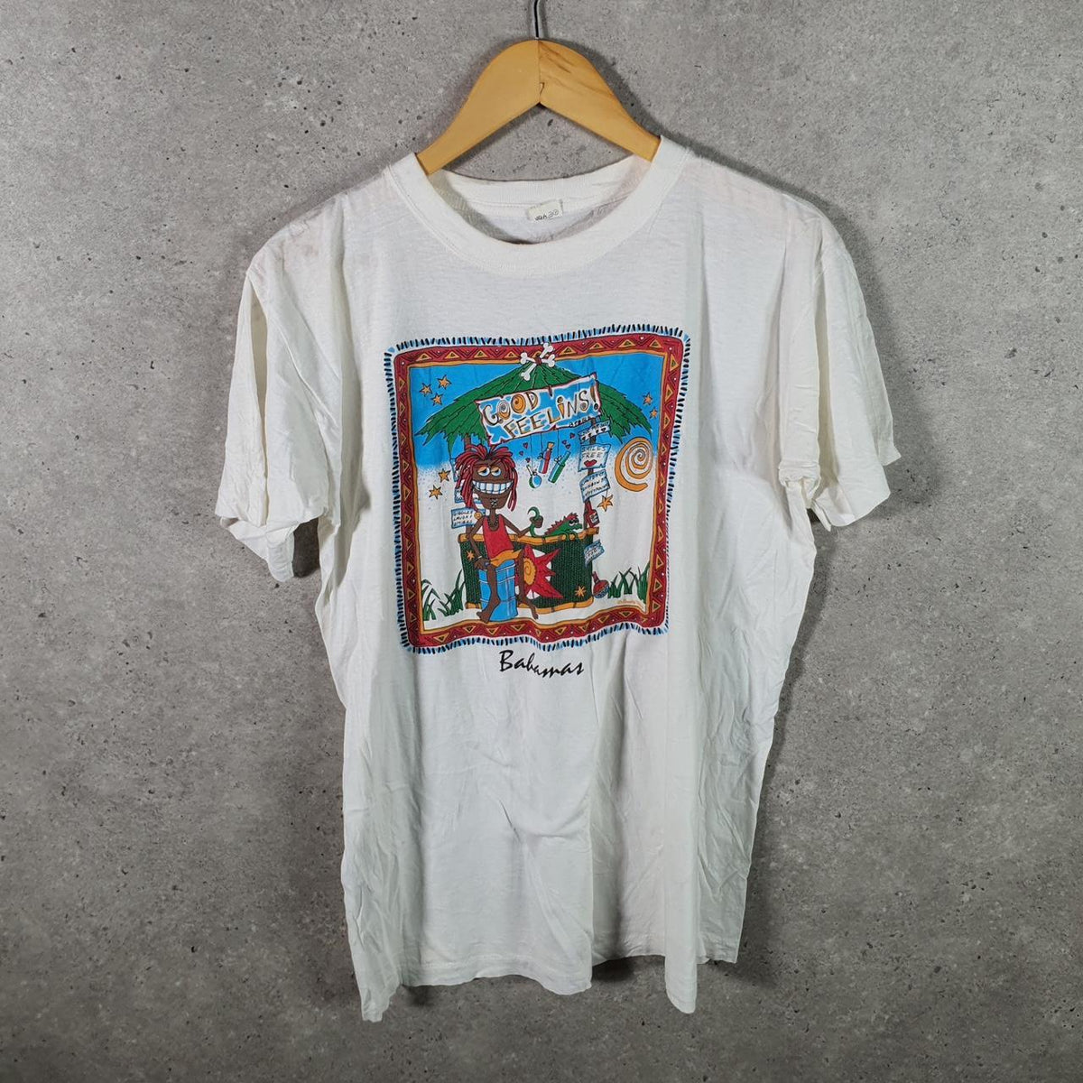 Vintage Bahamas Feeling Good Graphic USA Single Stitch T Shirt Men’s Medium White Big Fish Vintage