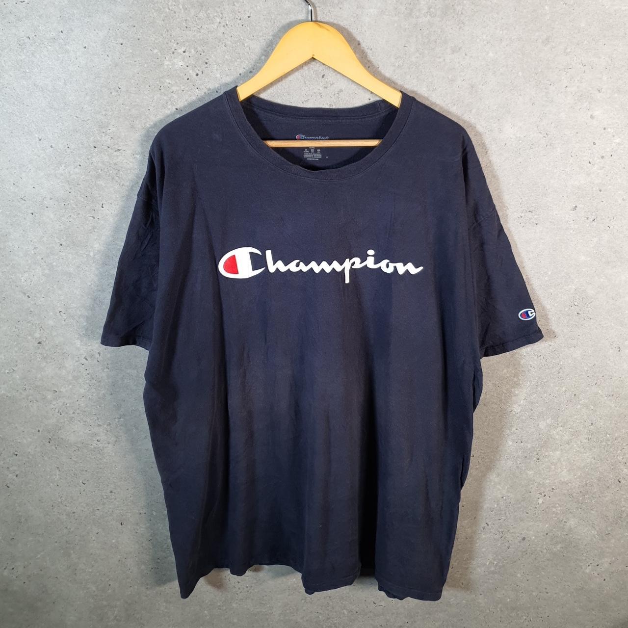 Vintage Champion Spellout Embroidered T Shirt Men’s 2XL Navy Blue Casual Blank Athletic