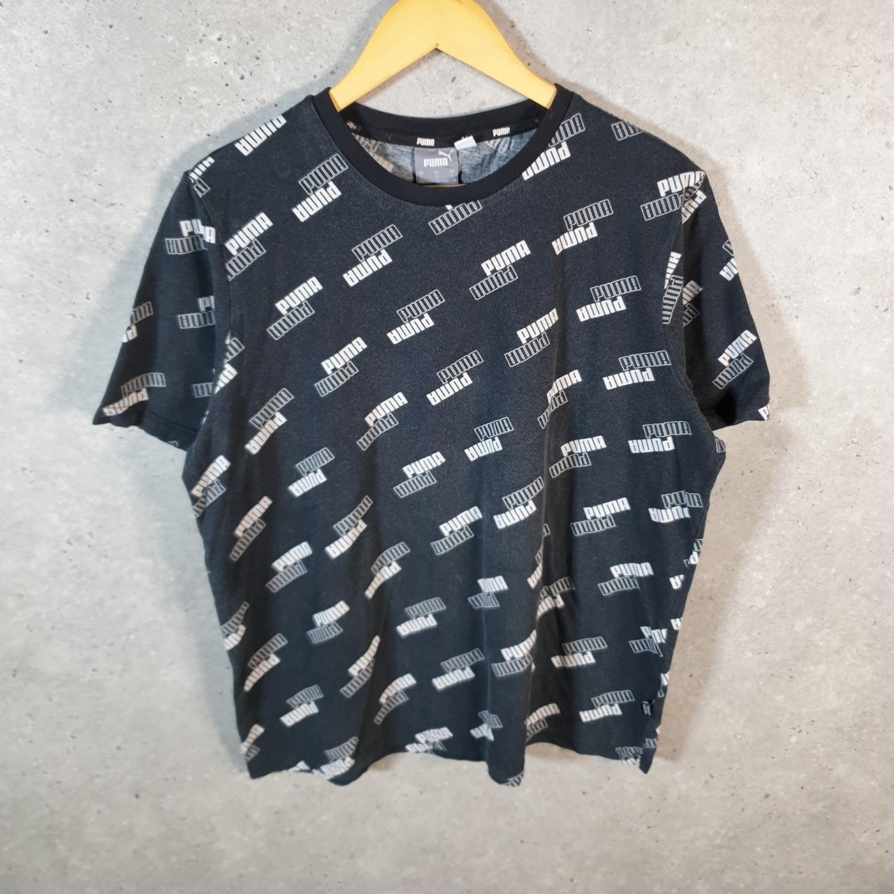 Vintage Puma All Over Print AOP T Shirt Mens Large Black Sports Logo Athletic