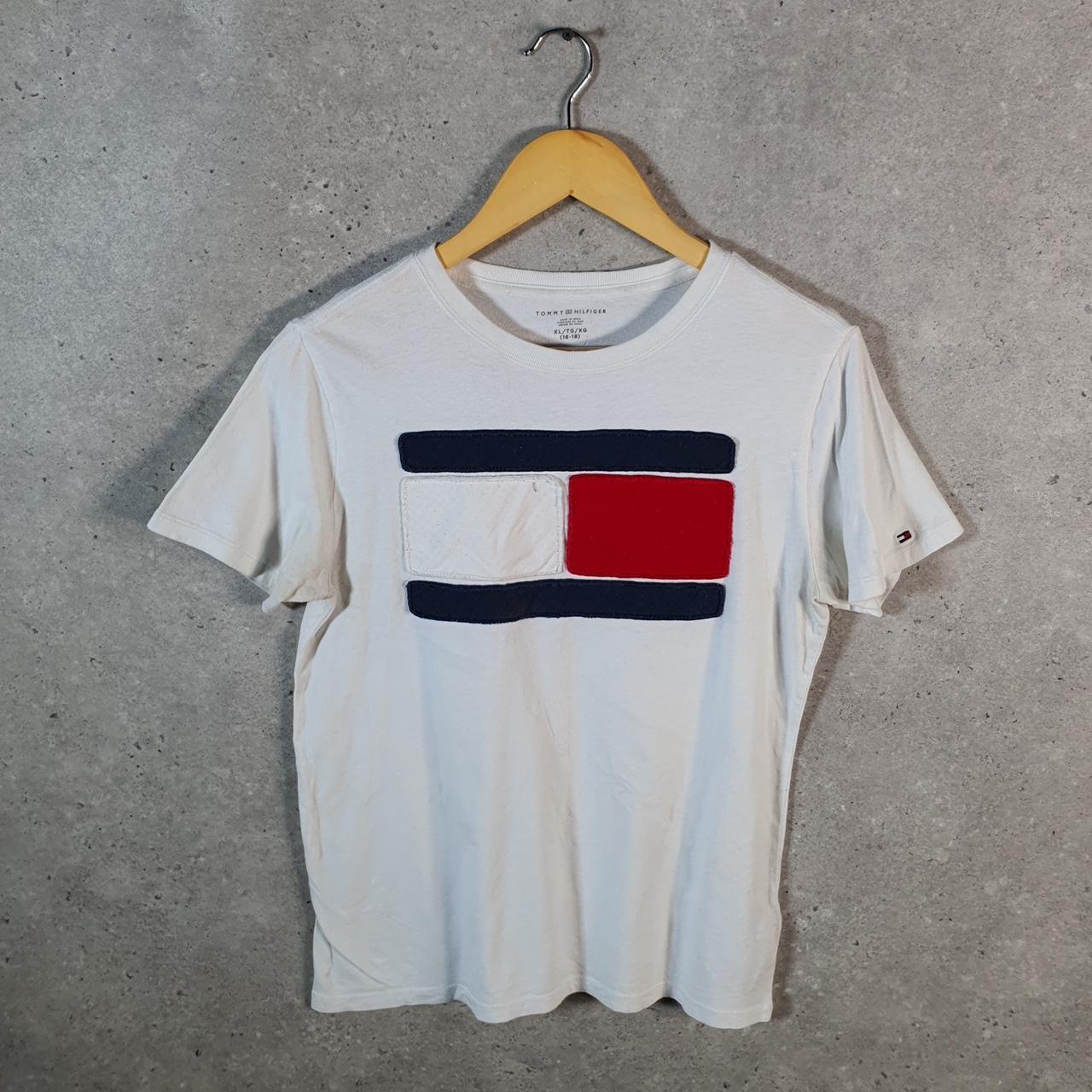 Vintage Tommy Hilfiger T Shirt Womens XL White Logo Embroidered Round Neck