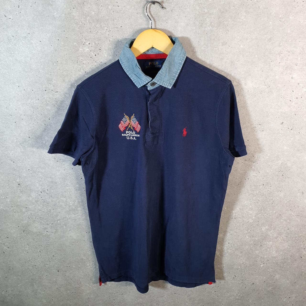 Vintage Ralph Lauren Polo USA Flags Shirt Men’s Medium Navy Blue Golf Cotton Pony