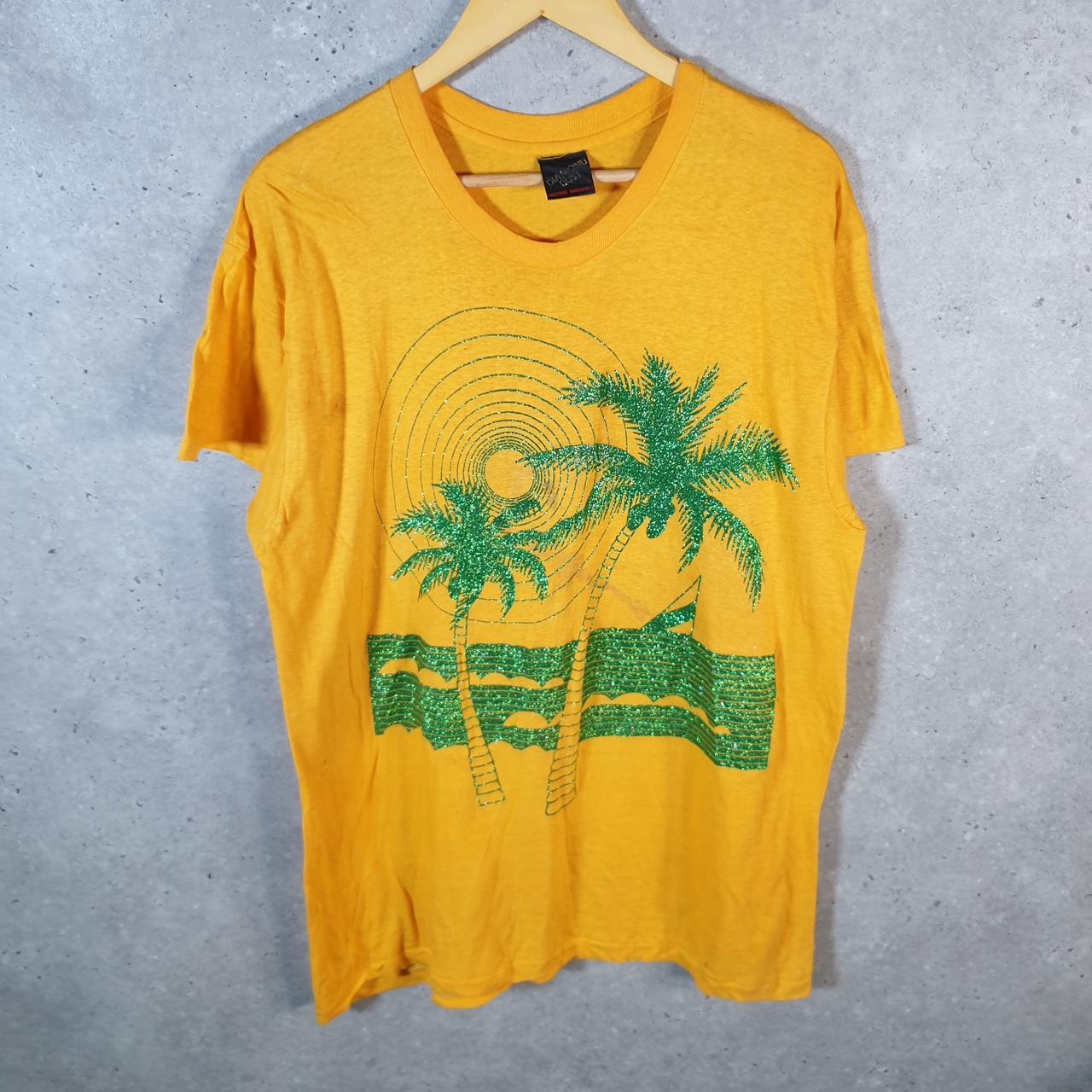 Vintage Diamond Dust Palm Tree Sunset USA Single Stitch T Shirt Men’s Large Orange
