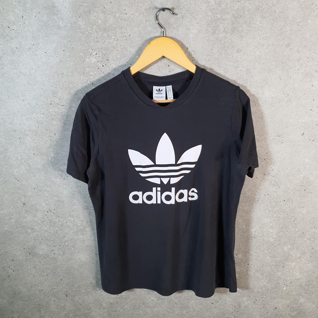 Vintage Adidas Spellout Trefoil Retro T Shirt Womens Large Black Logo Athletic