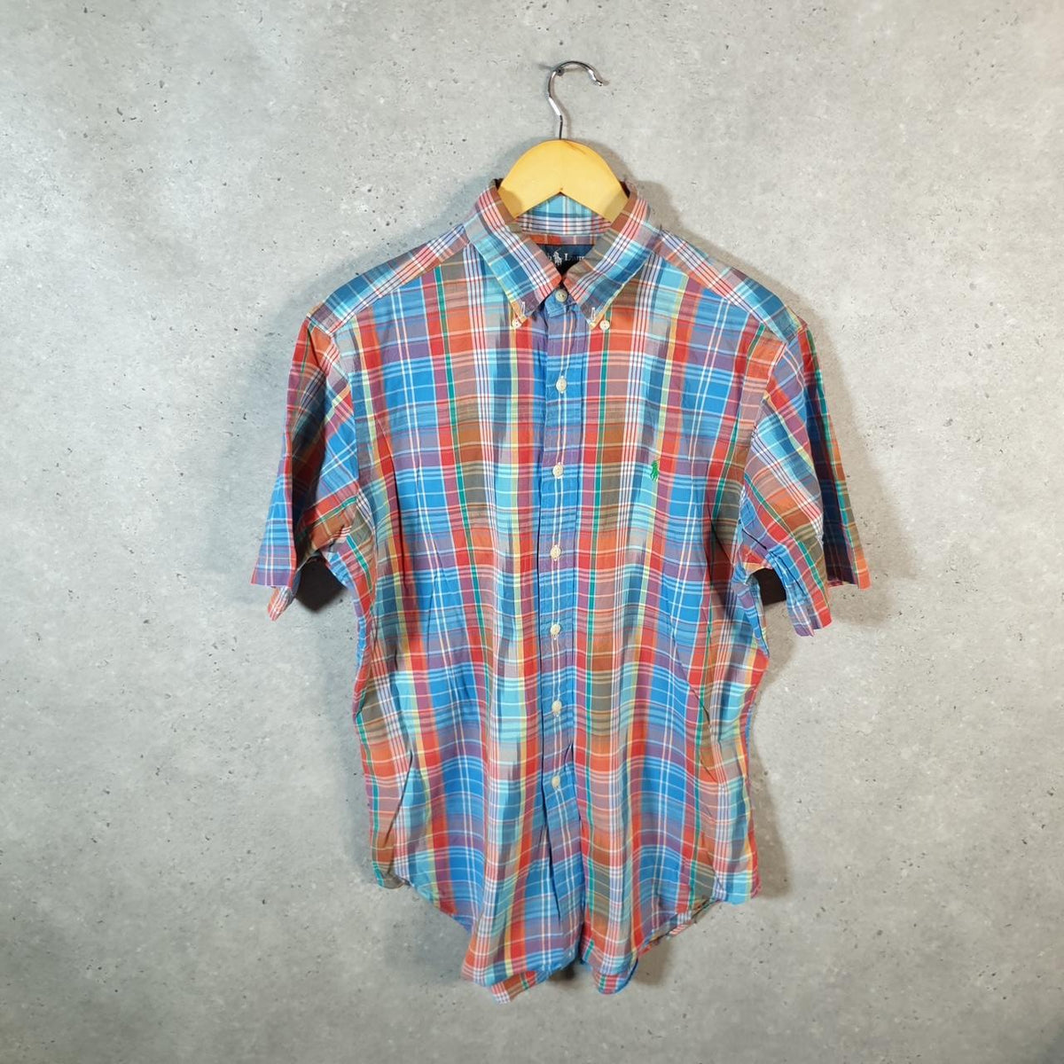 Vintage Ralph Lauren Button Down Shirt Men’s Medium Blue Checkered Classic Fit Cotton Pony
