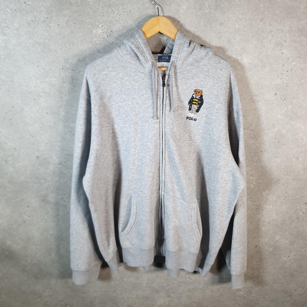 Vintage Ralph Lauren Polo Bear Hoodie Men’s 2XL Grey Cotton Full Zip Pony Big Fish Vintage