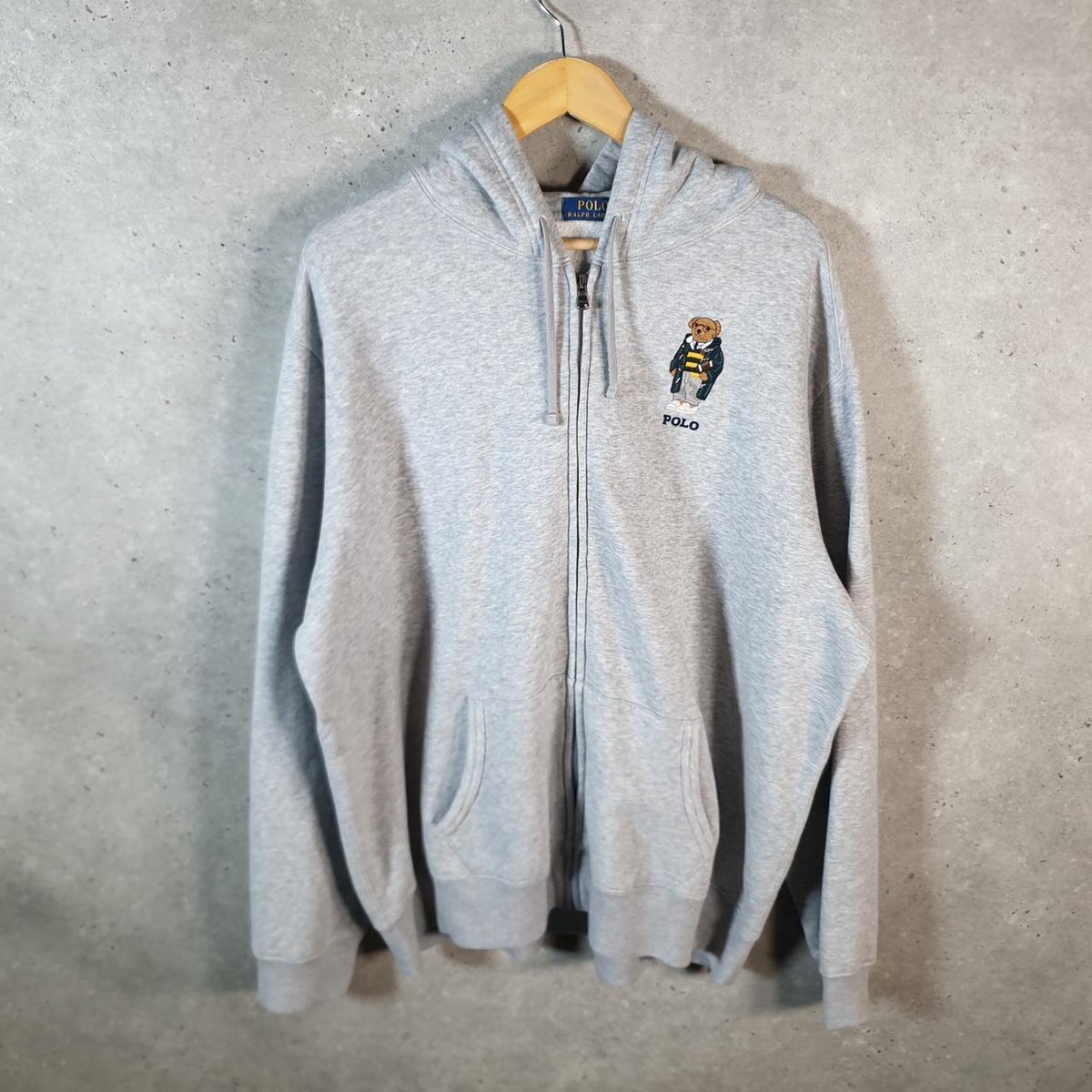 Vintage Ralph Lauren Polo Bear Hoodie Men’s 2XL Grey Cotton Full Zip Pony Big Fish Vintage