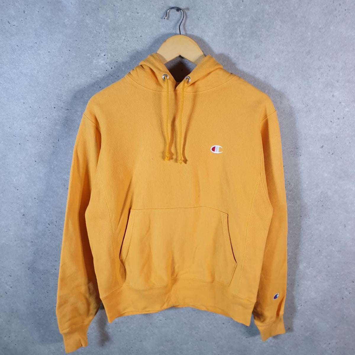 Vintage Champion Reverse Weave Hoodie Men’s Small Yellow Pullover Spellout Logo