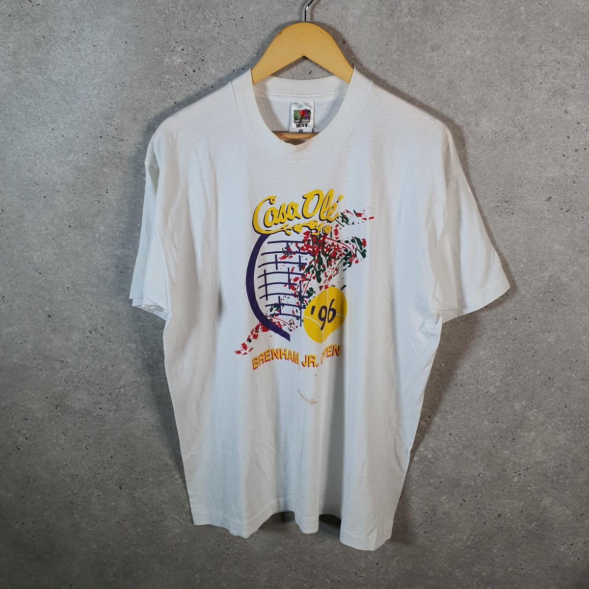 Vintage Fruit of the Loom Casa Ole 1996 Brenham JR USA Single Stitch T Shirt Men’s XL White C9509