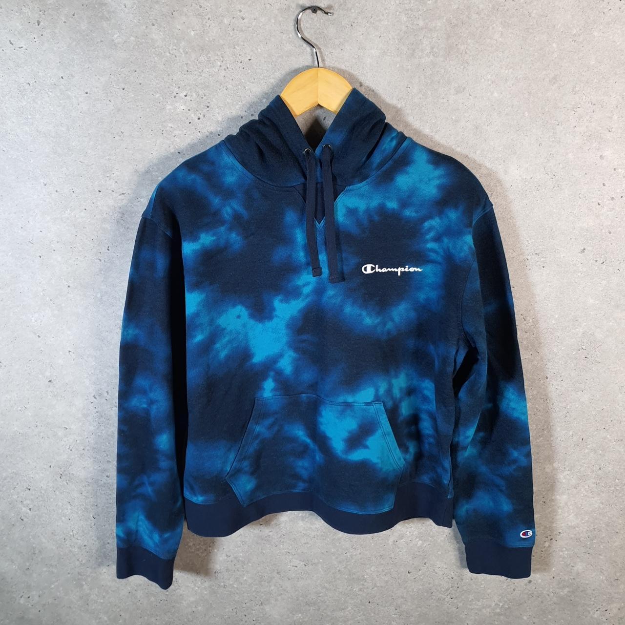Vintage Champion Hoodie Womens Large Blue Tie Dye USA Pullover Spellout Logo