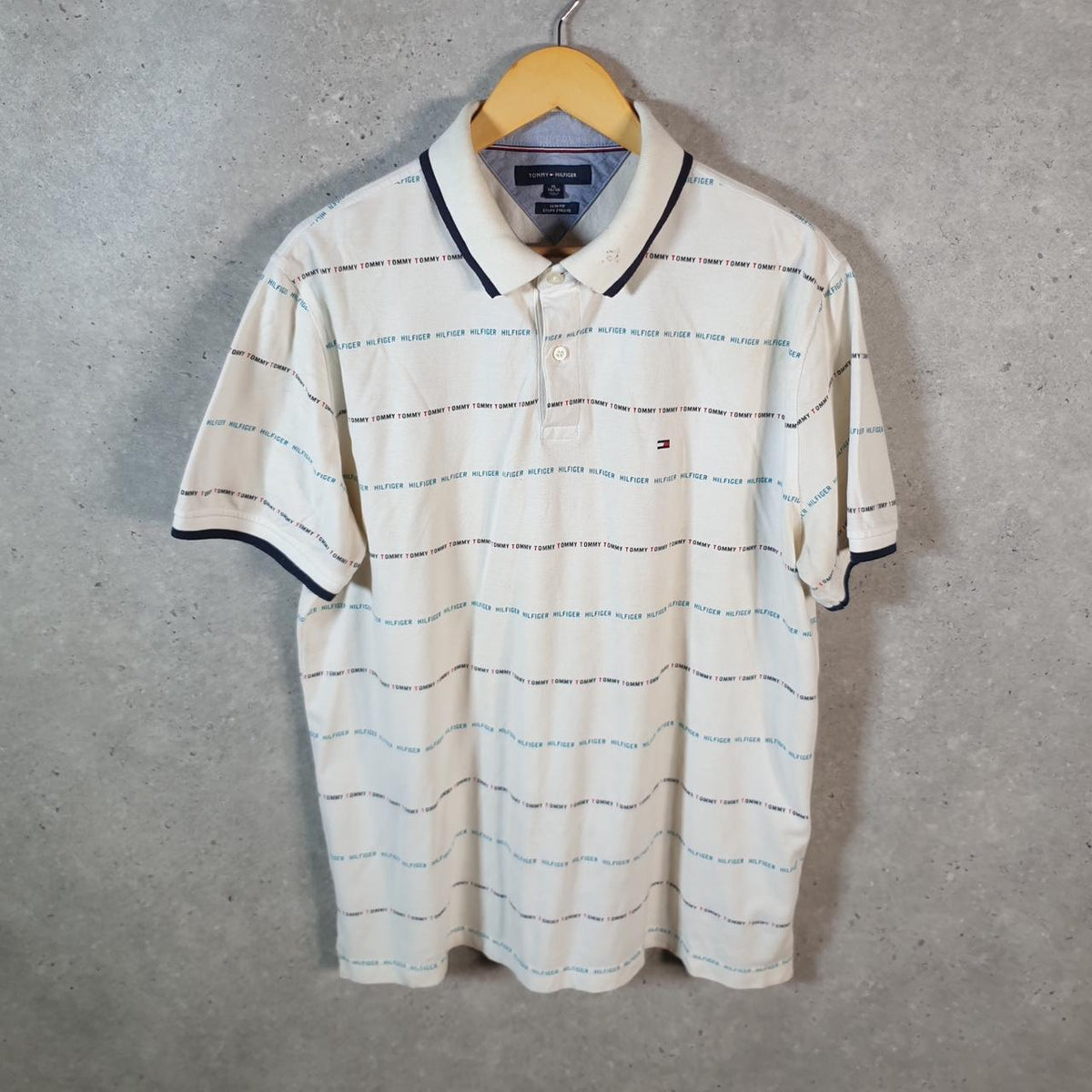 Vintage Tommy Hilfiger Polo Shirt Men’s XL White Striped Slim Fit Embroidered Logo C9596