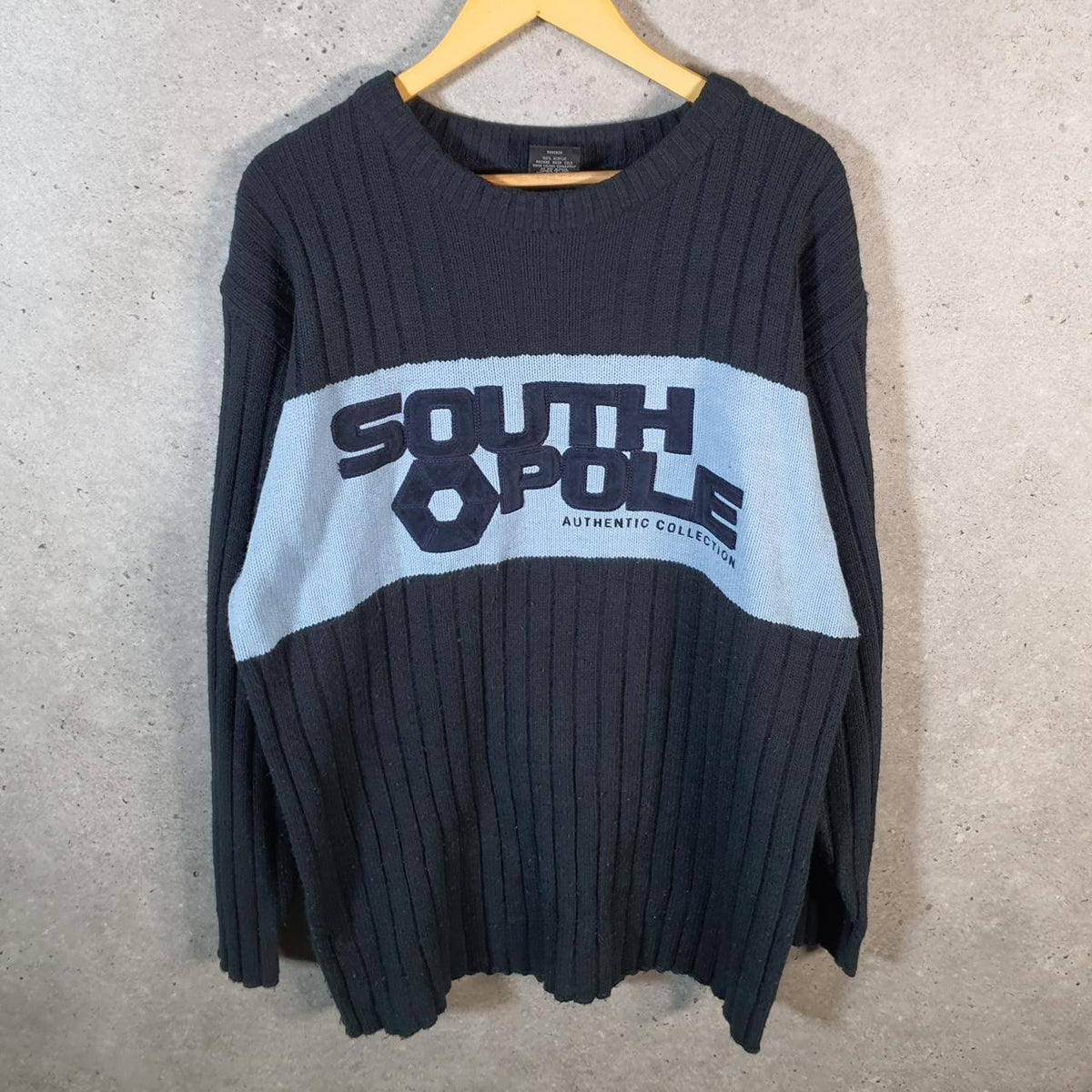 Vintage SouthPole Y2K Spellout Knit Sweater Jumper Mens Large Black Pullover Hip Hop