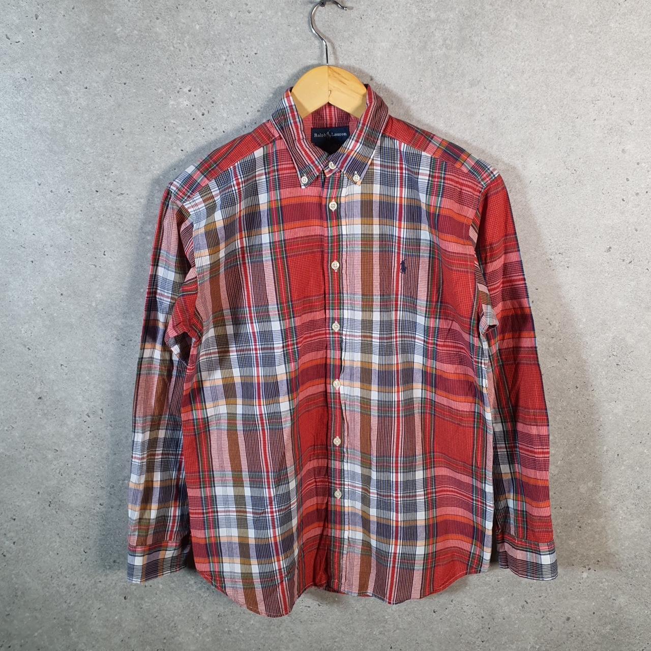 Vintage Ralph Lauren Button Down Shirt Womens Large Red Checkered Classic Fit Cotton Pony Big Fish Vintage