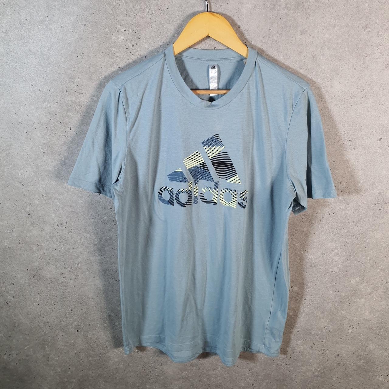 Vintage Adidas Spellout T Shirt Men’s Medium Blue Three Stripes Logo Athletic