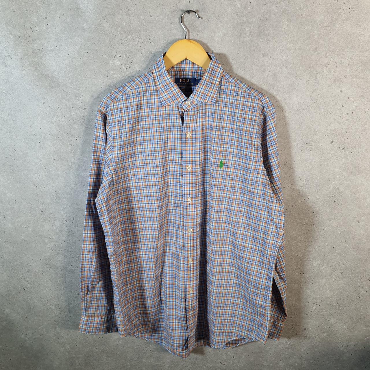 Vintage Ralph Lauren Button Down Shirt Mens Large Blue Checkered Stretch Fit Cotton Pony