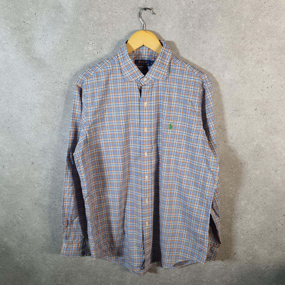 Vintage Ralph Lauren Button Down Shirt Mens Large Blue Checkered Stretch Fit Cotton Pony