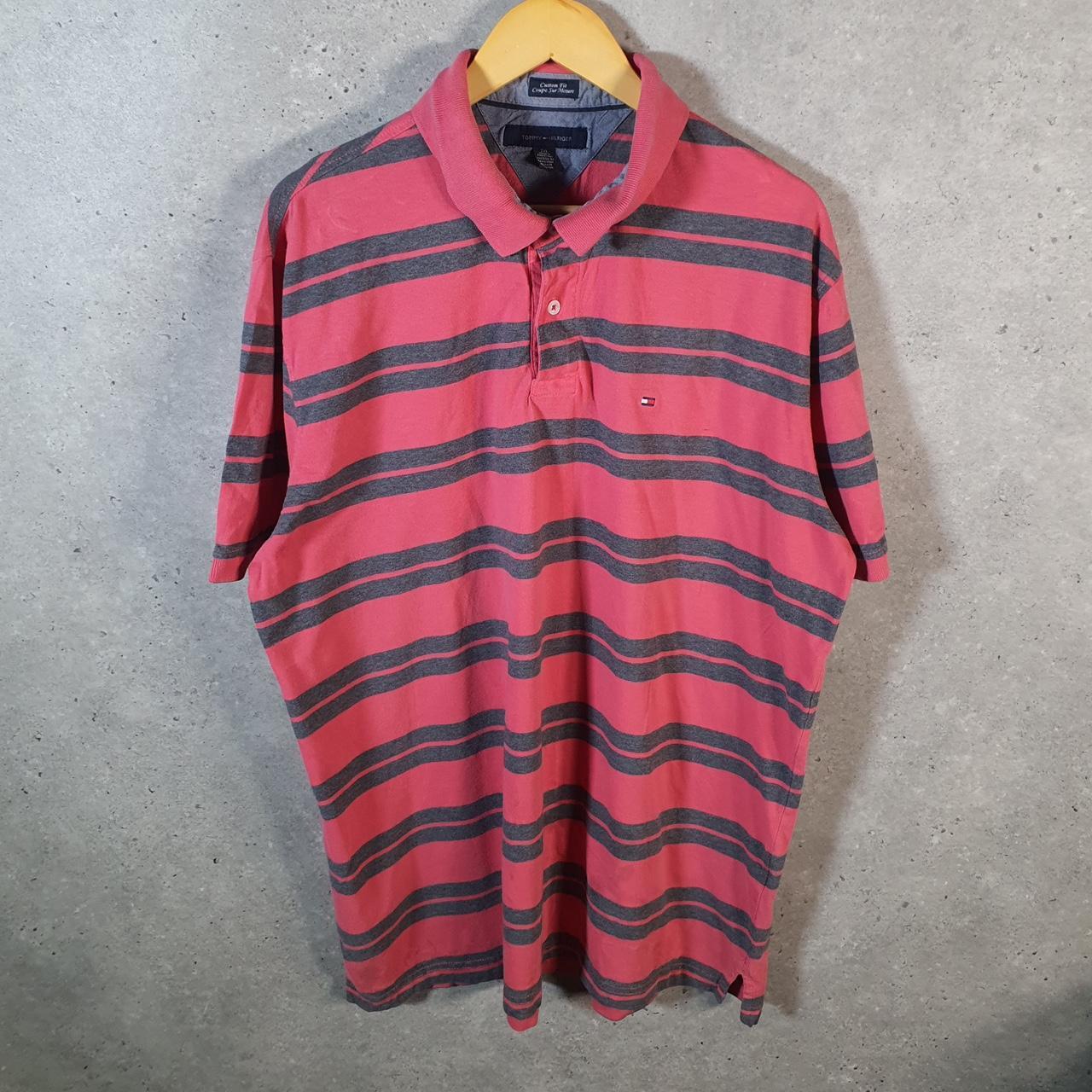 Vintage Tommy Hilfiger Polo Shirt Men’s 2XL Red Striped Custom Fit Embroidered Logo