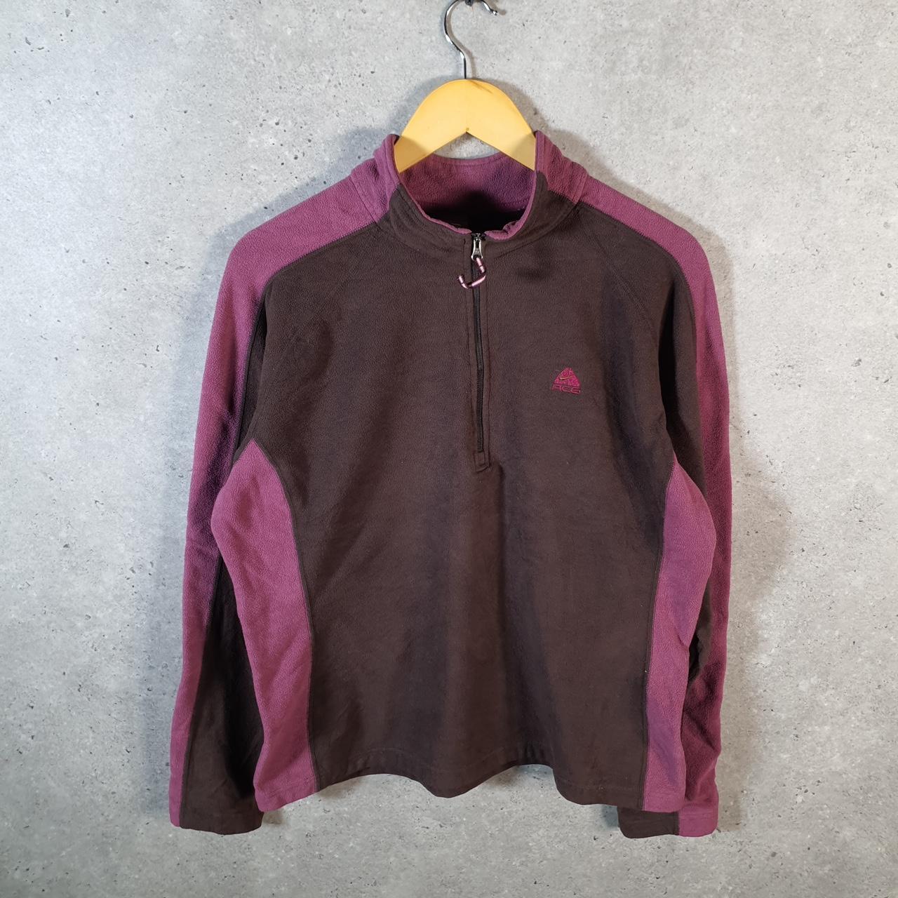 Vintage Nike ACG Fleece 1/4 Zip Sweatshirt Womens XL Brown Fluffy Teddy Logo Swoosh