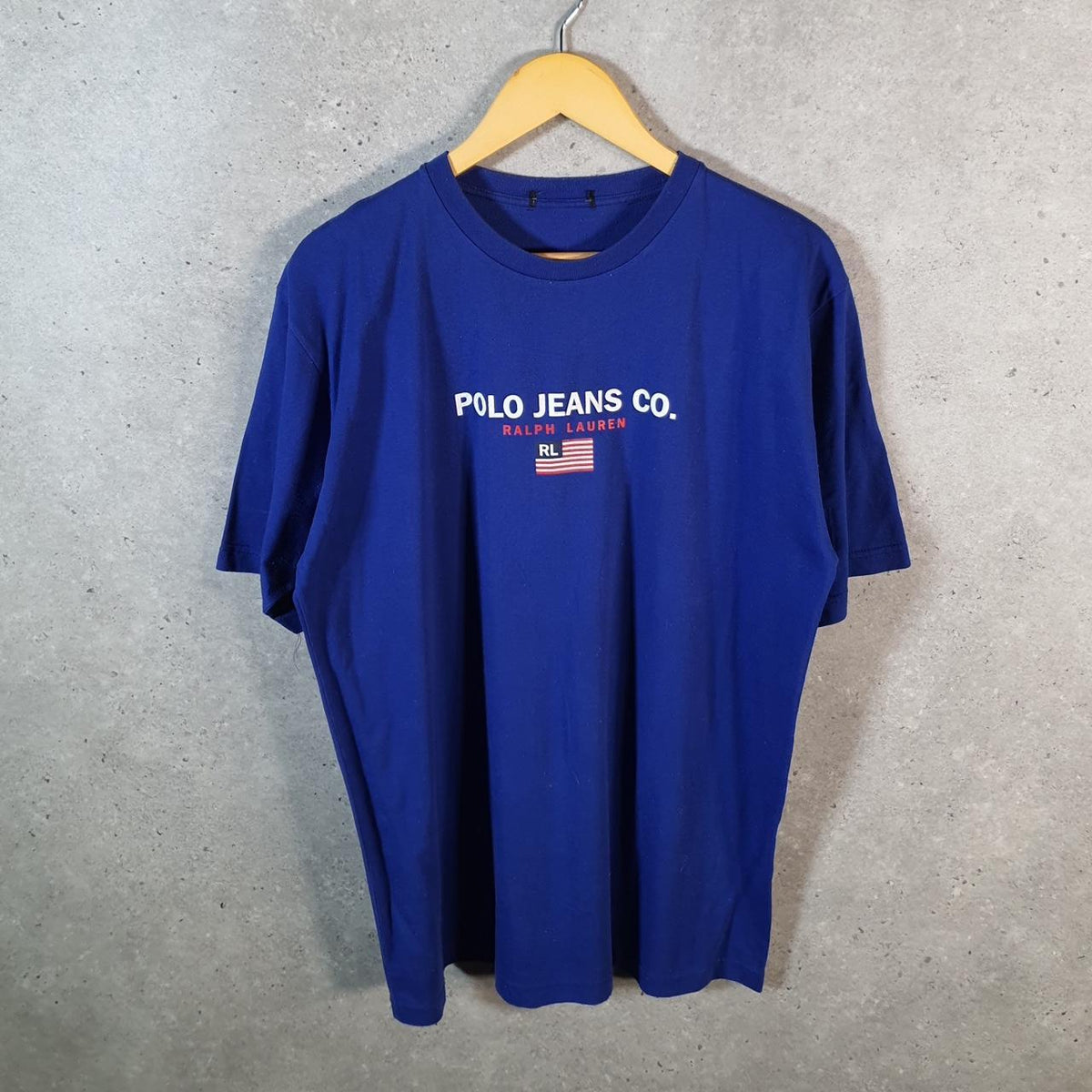 Vintage Ralph Lauren Polo Jeans USA Flag T Shirt Men’s Large Blue Classic Fit Pony