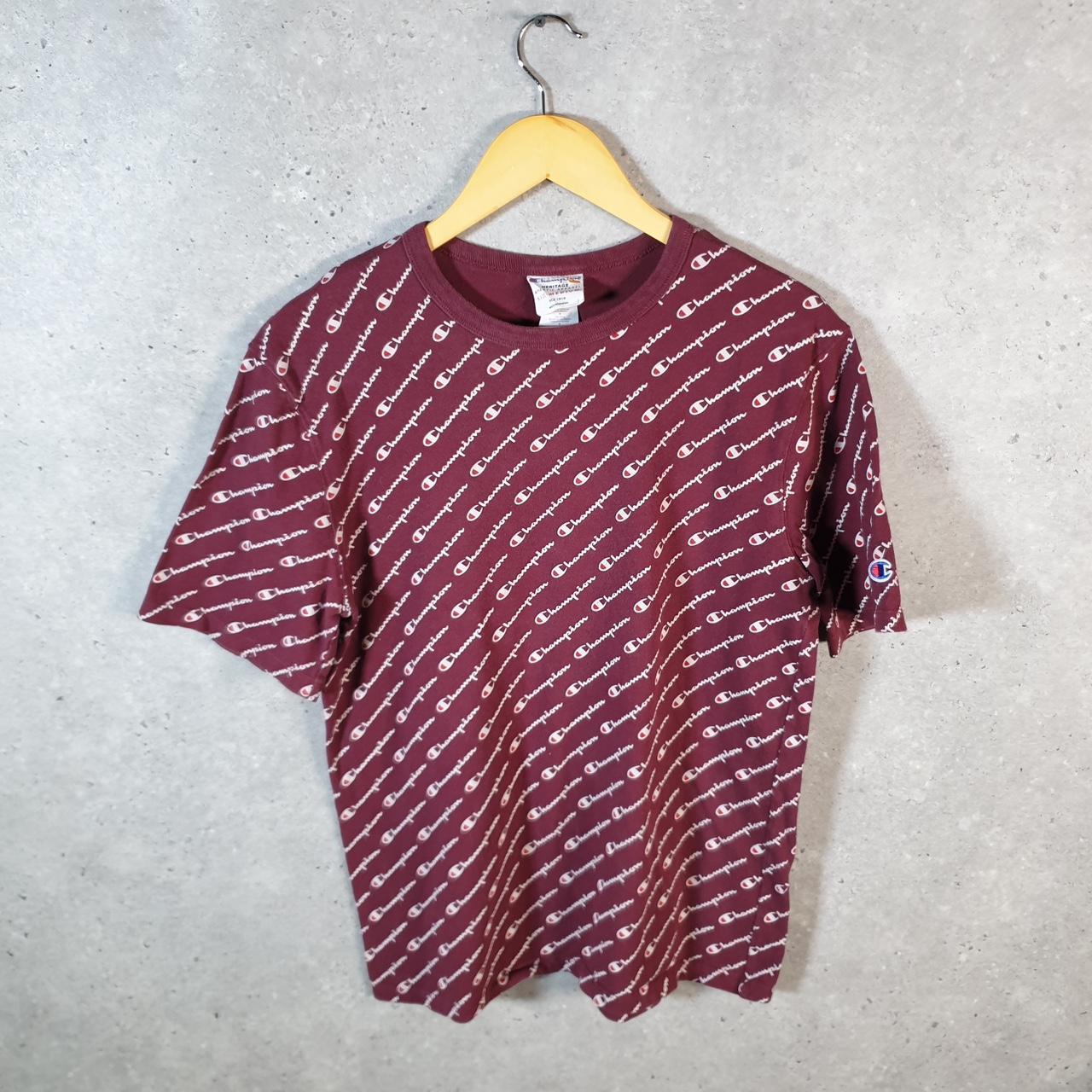 Vintage Champion AOP Spellout Logo T Shirt Mens Medium Burgundy Red USA Athletic