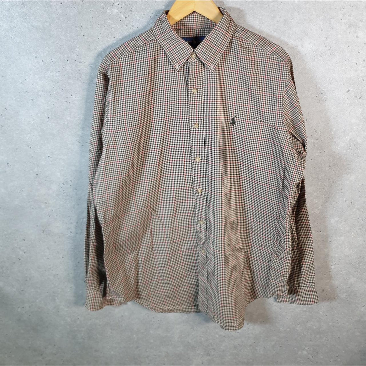Vintage Ralph Lauren Button Down Shirt Men’s Large Green Checkered Classic Fit Cotton Pony Big Fish Vintage