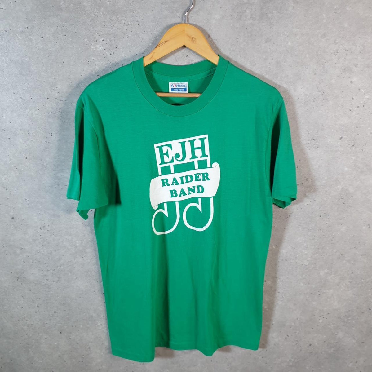 Vintage Hanes EJH Raider Band 90s USA Single Stitch T Shirt Men’s Large Green C8068