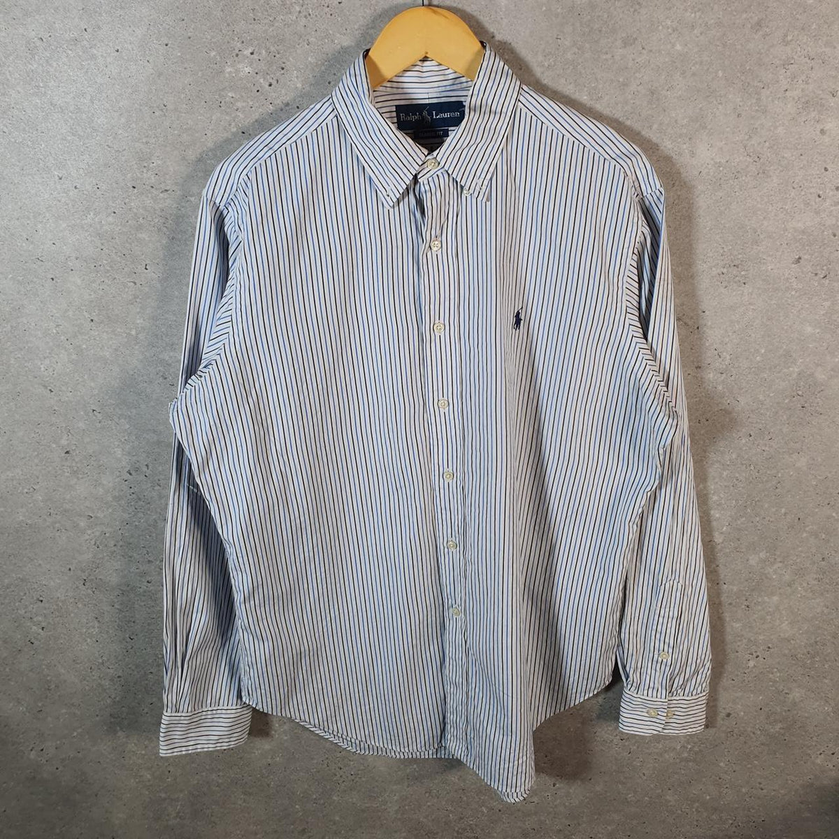 Vintage Ralph Lauren Button Down Shirt Men’s Large White Striped Classic Fit Cotton Pony