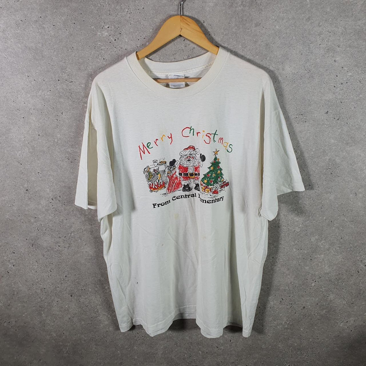 Vintage Hanes 50/50 Merry Christmas 90s USA Single Stitch T Shirt Men’s XL White Big Fish Vintage