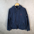 Vintage Ralph Lauren Polo Hooded Bomber Jacket Womens Large Blue Pony Full Zip Big Fish Vintage
