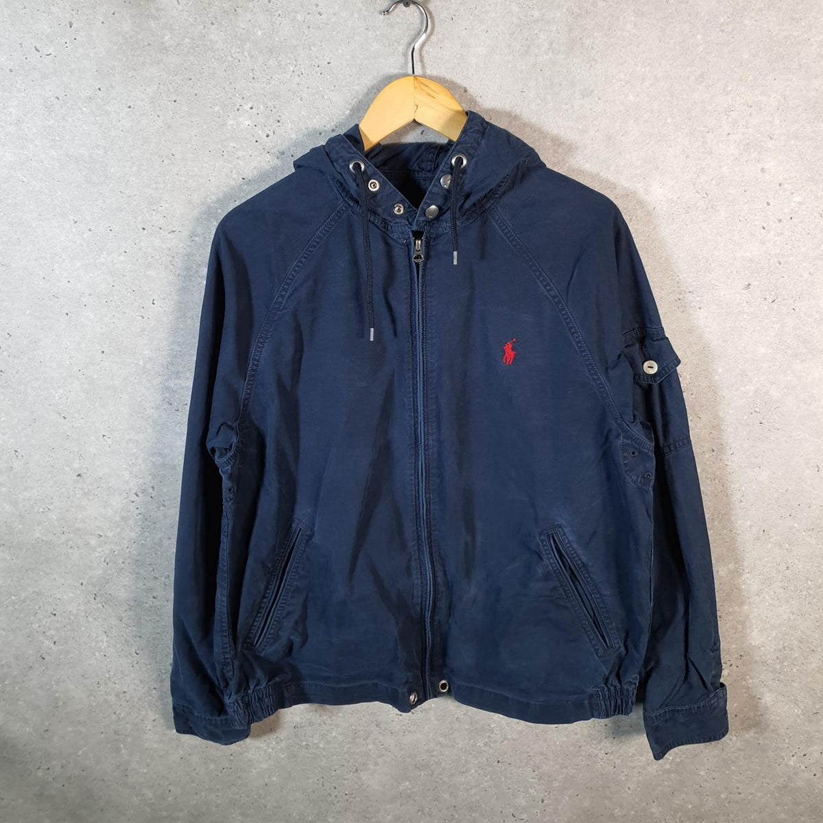 Vintage Ralph Lauren Polo Hooded Bomber Jacket Womens Large Blue Pony Full Zip Big Fish Vintage
