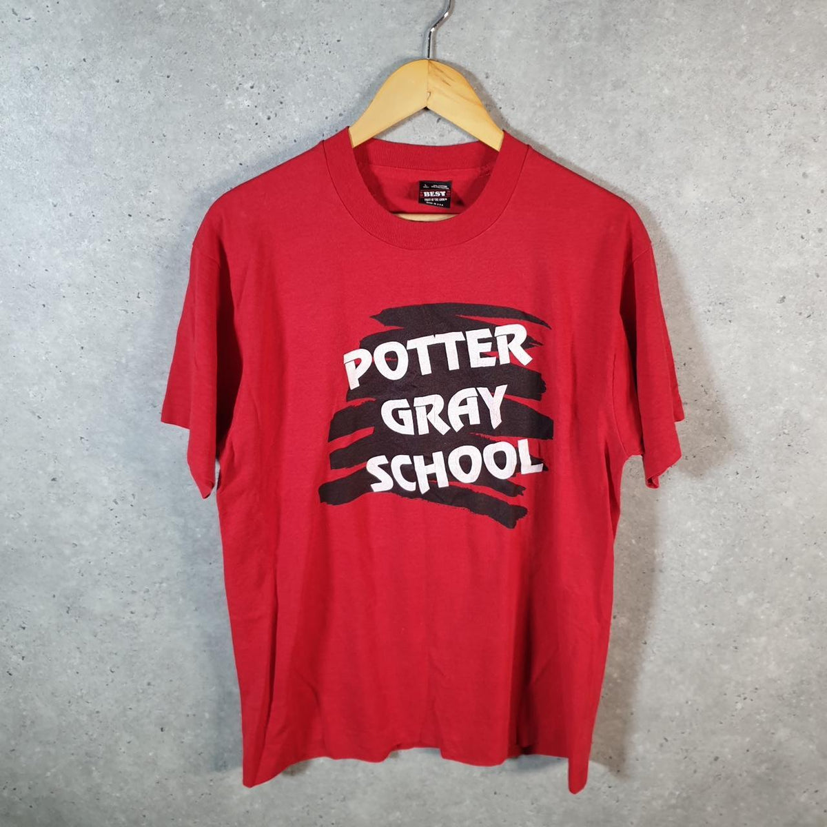 Vintage Best Fruit of the Loom Potter Gray School USA Single Stitch T Shirt Men’s Large Red 1