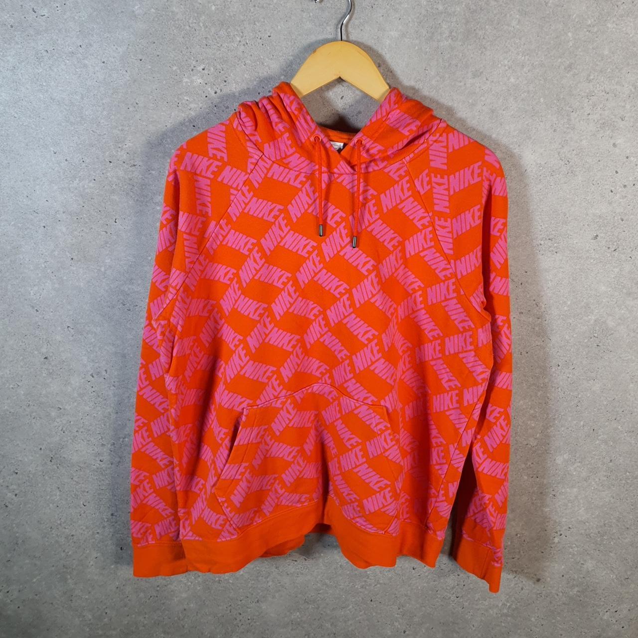 Vintage Nike All Over Print AOP Hoodie Womens Large Pink Swoosh Y2K Pullover Logo
