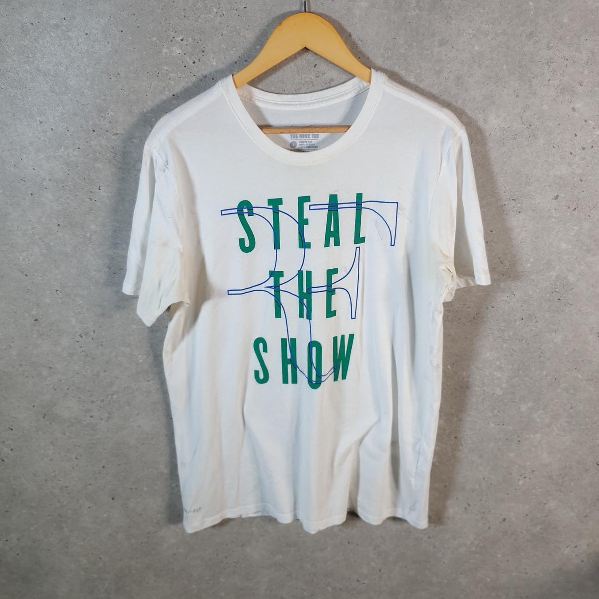 Vintage Nike Steal The Show Dri Fit Spellout T Shirt Men’s Large White Logo Swoosh Athletic