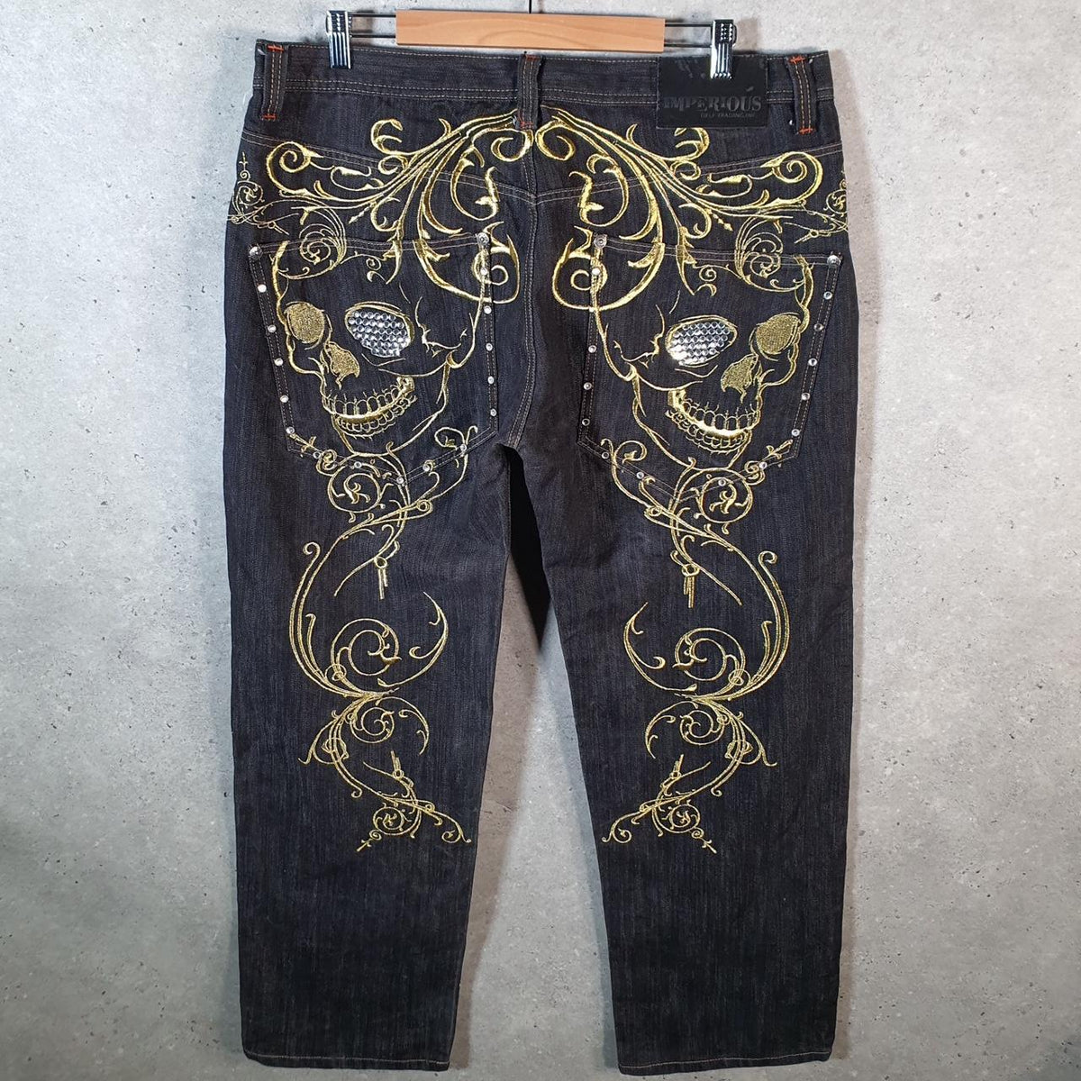 Vintage Imperious Skulls Baggy Y2K Hip Hop Jeans Mens W42 L32 Grey Denim Wide Leg Big Fish Vintage