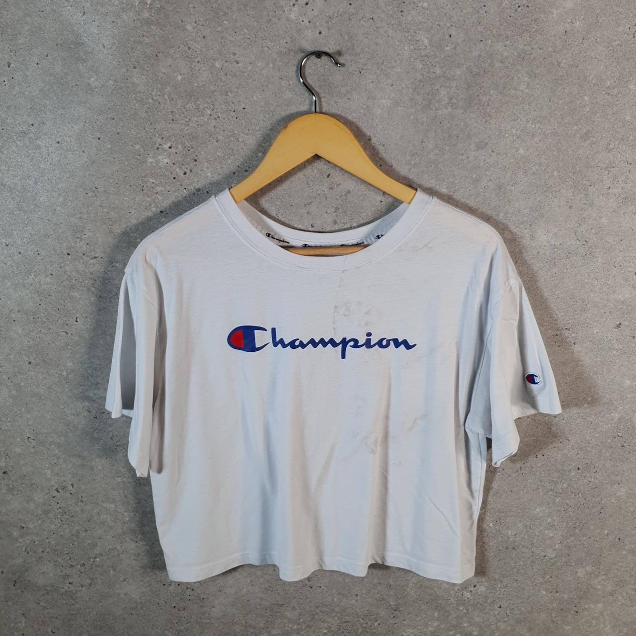 Vintage Champion Spellout Logo Cropped T Shirt Womens Medium White Athletic