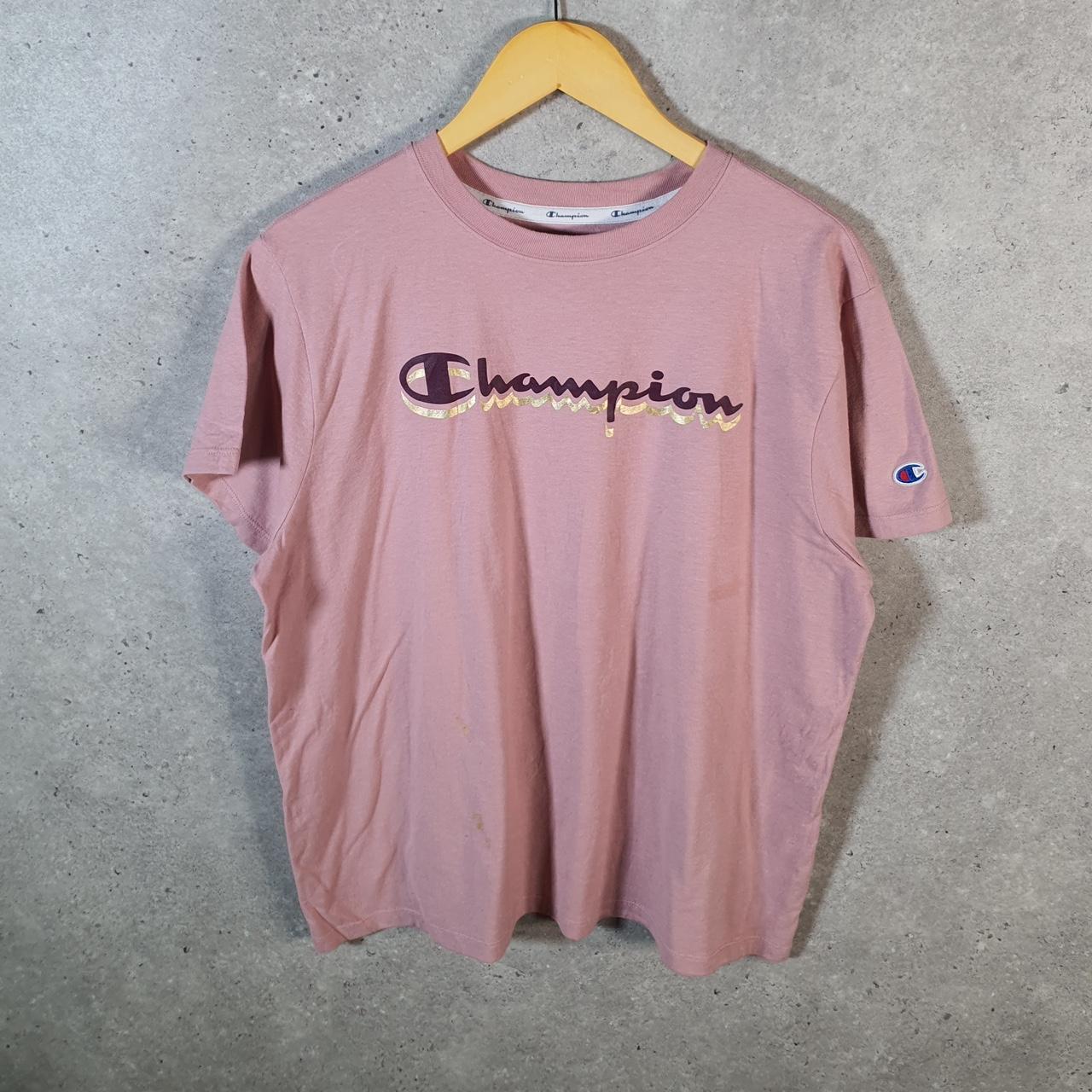 Vintage Champion Spellout Logo T Shirt Mens Small Pink USA Athletic