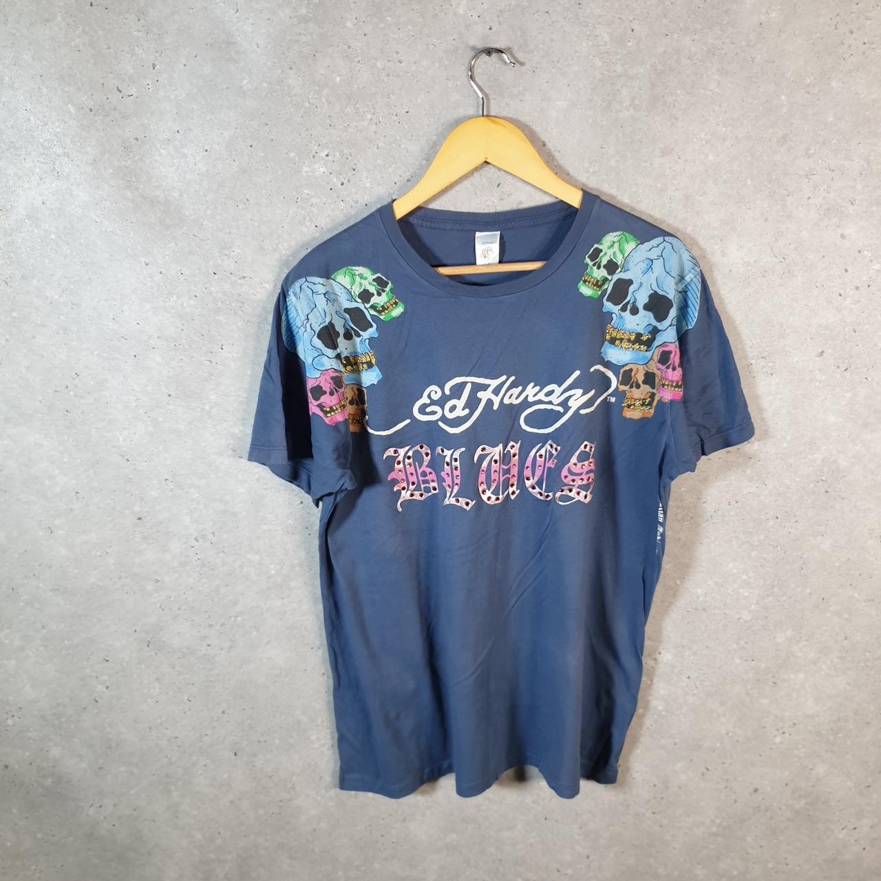 Vintage Ed Hardy T Shirt Men’s Large Blue Christian Audigier Love Heart Graphic Skull Y2K