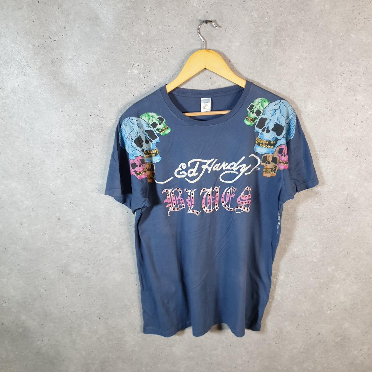 Vintage Ed Hardy T Shirt Men’s Large Blue Christian Audigier Love Heart Graphic Skull Y2K