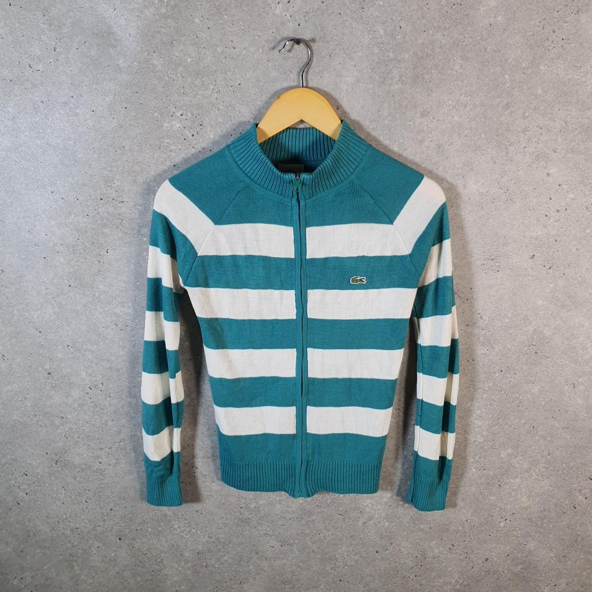 Vintage Lacoste Full Zip Knit Sweatshirt Womens XS Blue Logo Y2K Jumper Logo