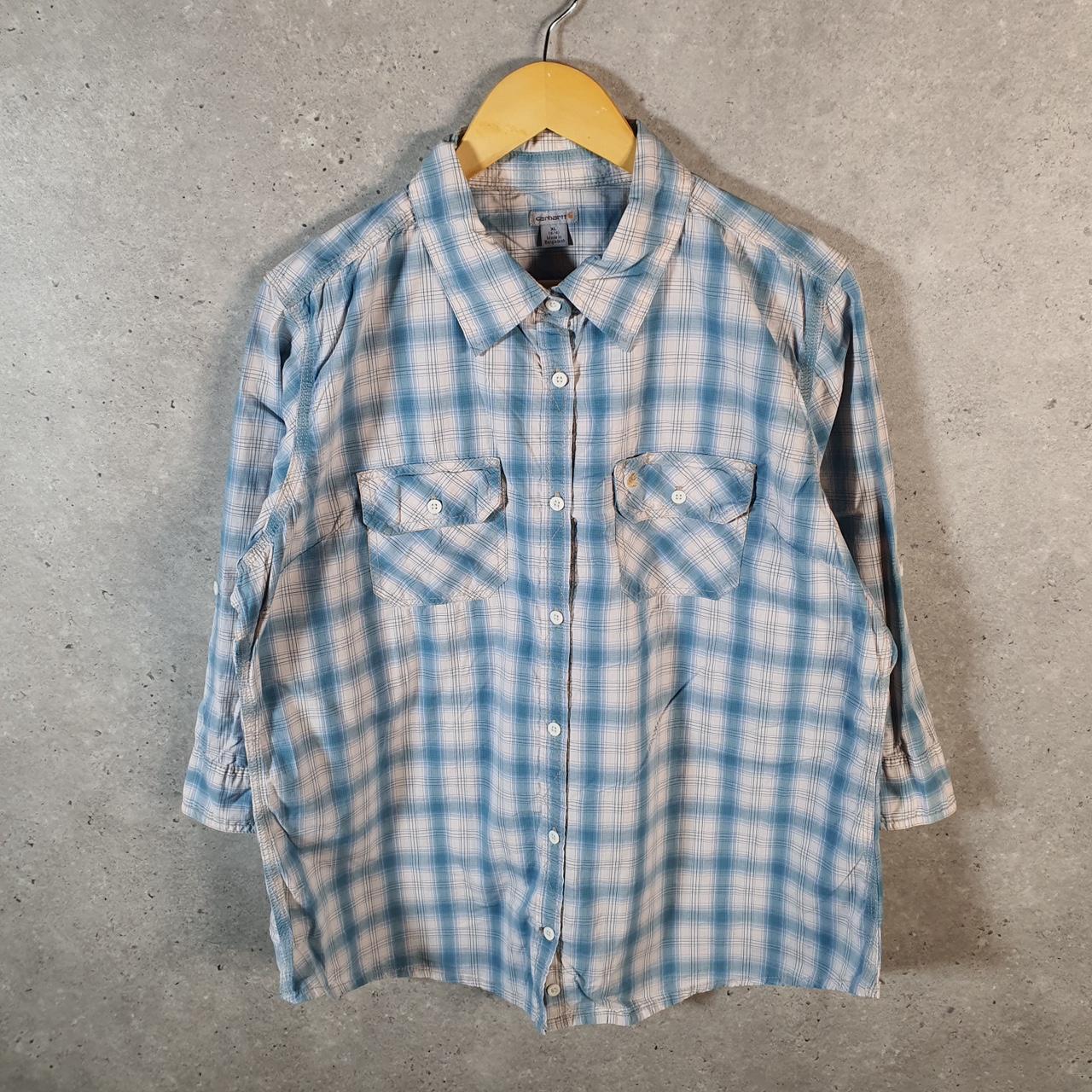 Vintage Carhartt Shirt Button Down Womens XL Blue Checkered Utility Relaxed Fit