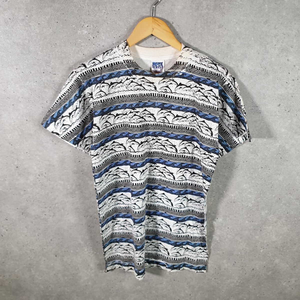 Vintage Pacific Coast Dolphins Graphic Single Stitch T Shirt Men’s Medium Striped Grey
