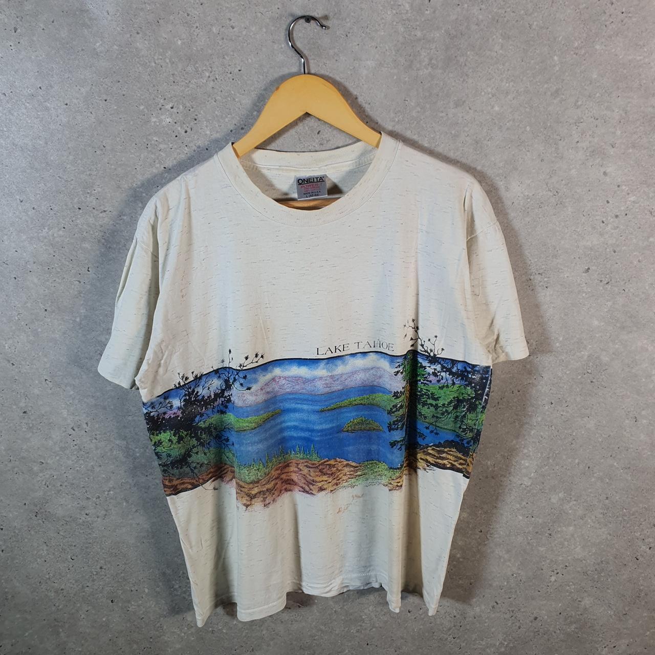 Vintage Oneita Power Lake Tahoe 90s USA Single Stitch T Shirt Men’s Large Grey