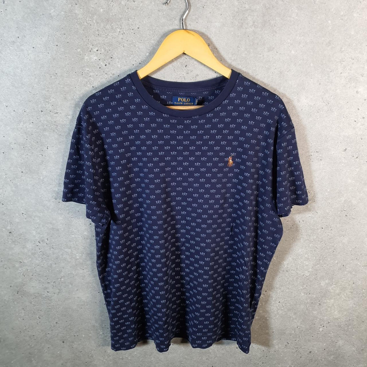 Vintage Ralph Lauren Polo All Over Print AOP T Shirt Men’s Medium Blue Classic Fit Pony