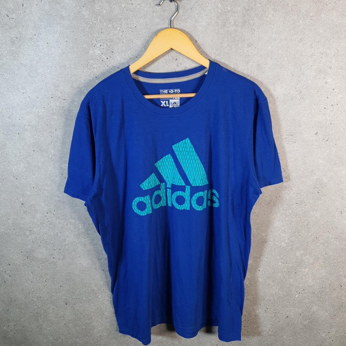 Vintage Adidas Perfomance Go Tee Spellout T Shirt Men’s XL Blue Three Stripes Logo Athletic C9815